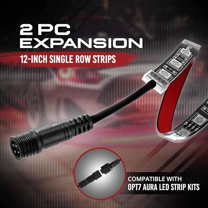 OPT7 Aura Single Row Expansion Pack - 2pc 12” RGB Multicolor LED Strips w/Splitters and Extension Wires for Interior, Wheel Well, Grille, Golf Cart, Car, Boat Underglow Lights