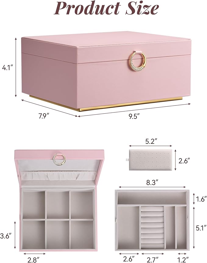 pickpiff 2 Layer Jewelry Box Organizer for Women, Jewelry Organizer with Handle & Removable Tray, Necklace Holder Ring Earrin