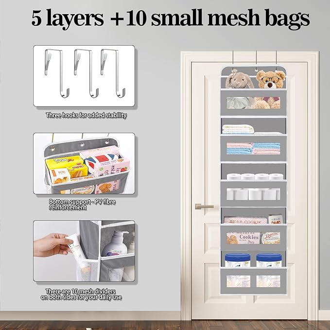 KYEVIS Over The Door Organizer, 5 Shelves Closet Door Hanging Organizer with 10 Mesh Pockets, Nursery Closet Organizer, Baby 