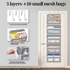 KYEVIS Over The Door Organizer, 5 Shelves Closet Door Hanging Organizer with 10 Mesh Pockets, Nursery Closet Organizer, Baby 