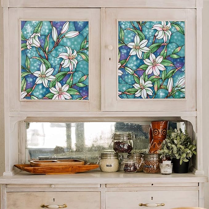 Coavas Static Cling Privacy Window Film, 96% UV & Heat Blocking, Stained Glass Window Film Floral Design, Non-Adhesive, for Bathroom, Front Door, Shower Enclosure‌ (Vinyl, 47.2" X 78.7 ")