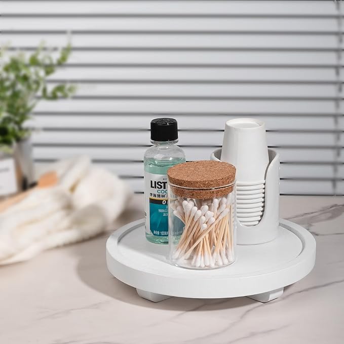 Round Decorative Tray Wood Bathroom Counter Organizer Farmhouse Kitchen Decor Wooden Riser for Soap Dish, Perfume, Candle, Sp