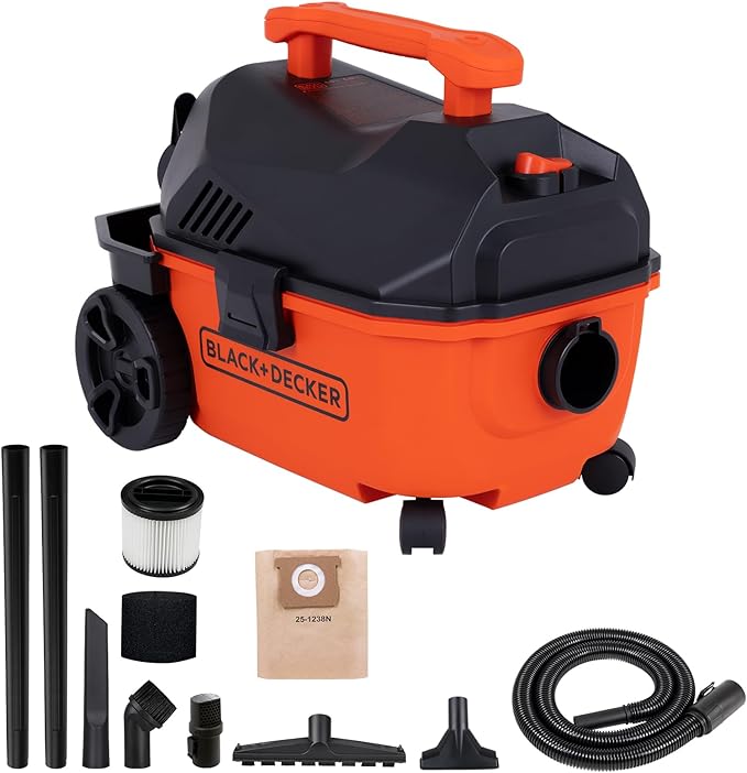 BLACK+DECKER Shop Vacuum Wet and Dry, 4 Gallon 5.0 Peak HP Wet/Dry Vacuum, Quiet Operation with Muffler, Long Reach Cleaning 