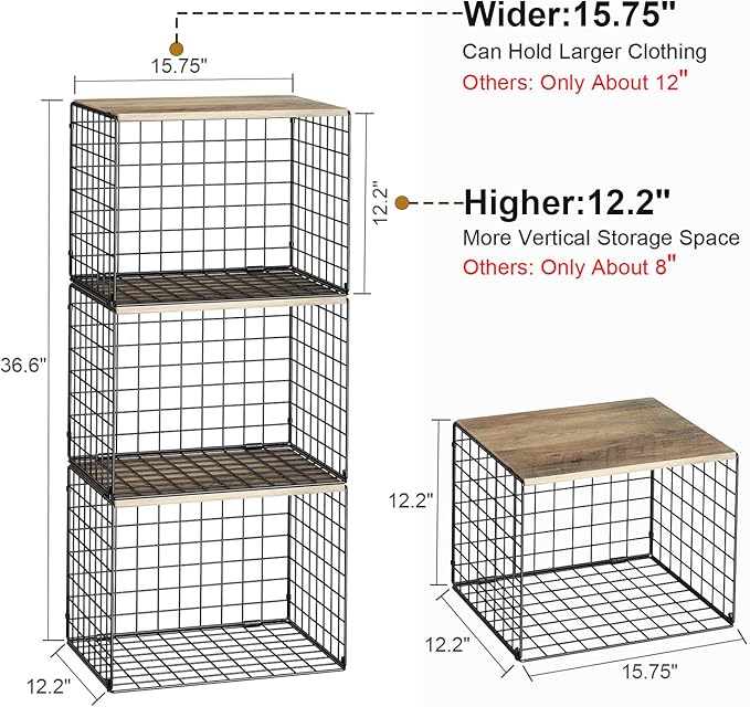 Widened & Heightened Closet Organizers And Storage Shelves With Top Board, Set of 3 Stackable Closet Shelf Organizer Storage 