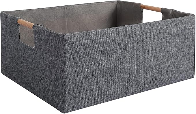 Fabric Storage Bin Box Foldable Collapsible Storage Basket with Wooden Handles Rectangular Cube Decorative Home Nursery Organ