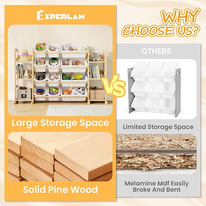 EXPERLAM Extra Large Toy Storage - Toy Storage Organizer, Wooden Toy Organizer with 6 Side Shelves and 12 Bins, 3-in-1 Booksh