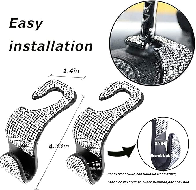 Bling Rear View Mirror Accessories with 2 PCS Car Seat Hooks for Headrest, Universal Bling Diamond Rear View Mirror Cover for Women ＆ Girls