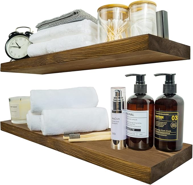 BGMG Wood Floating Shelves for Wall 24 inch Set of 2, Rustic Wooden Wall Mount Shelves for Bathroom Living Room Bedroom Kitch
