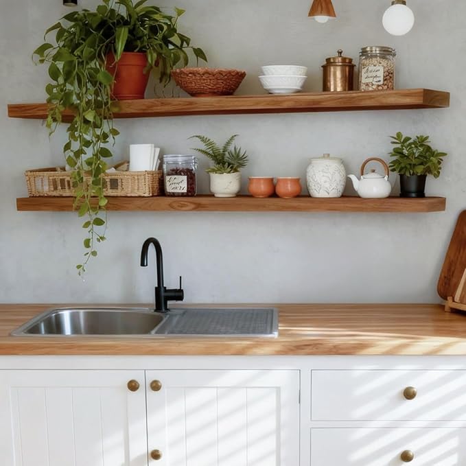ROGMARS 72 Inches Long Walnut Floating Shelves,Rustic Solid Wood Farmhouse Wall Shelves with Invisible Brackets for Bathroom,
