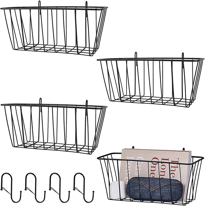 4 Pack Large Grid Wall Baskets with S-Hook - Gridwall Accessories Set Black Metal Hanging Shelf Basket Bins Organizer - Modul