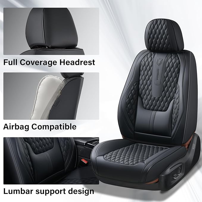 Coverado Front Seat Covers, Car Seat Covers Front Seats, Nappa Leather Seat Covers for Cars, Waterproof Seat Covers with Lumb