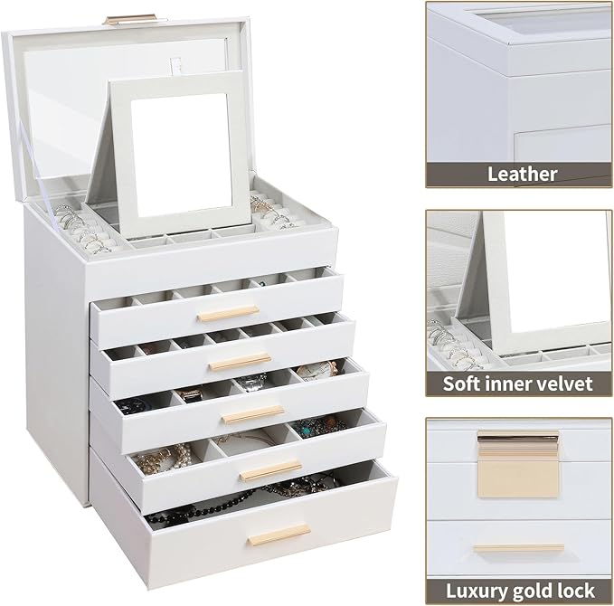 BOOVO Jewelry Boxes for Women, White and Black 6 Layer Large Jewelry Box for Necklace, Bracelet, Earrings, Rings Storage, Jew