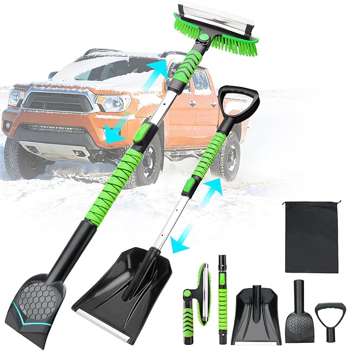 43.3'' Snow Shovel & Snow Brush with Ice Scrapers for Car Windshield,5-in-1 Extendable Thicken Aluminum Tube,180° Pivoting Brush Head & Foam Grip for Christmas, Cars, Trucks, SUVs, Vehicle（Green