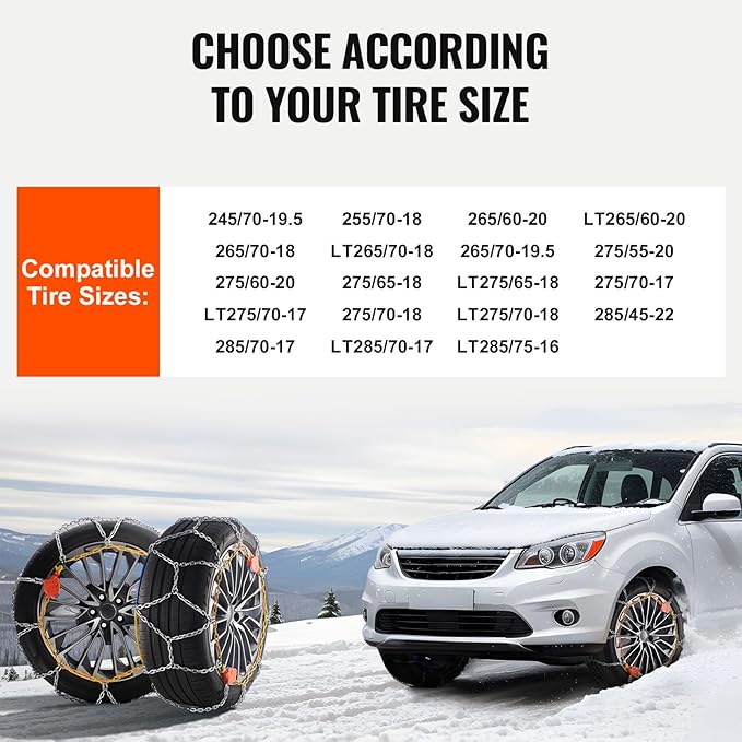 VEVOR Tire Chains, Snow Chains for Cars SUV Pickup Trucks, 2 Pack Adjustable Snow Tire Chains Compatible with Tire Width 245 