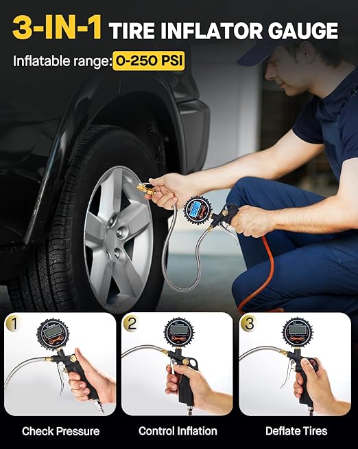 Vondior Digital Tire Pressure Gauge with Inflator, 250 PSI Heavy Duty Air Chuck with Tire Tread Depth Gauge, Stainless Steel Braided Hose with Quick Connect Coupler, Car Accessories