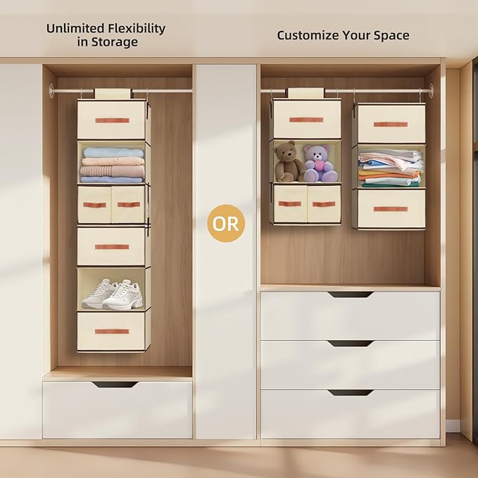 Hanging Closet Organizer 6-Shelf, Upgrade Hanging Shelves for Closet with 5 Removable Drawers & Side Pockets, Hanging Shelf O