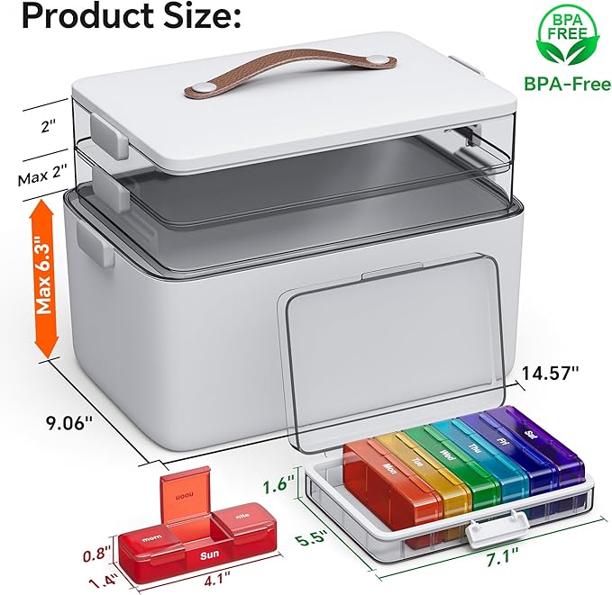 CTIME 3-Tier Medicine Organizer with Pill Case - Portable Pill Case & Empty First Aid Kit for Home, Travel, RV, School, Dorm,
