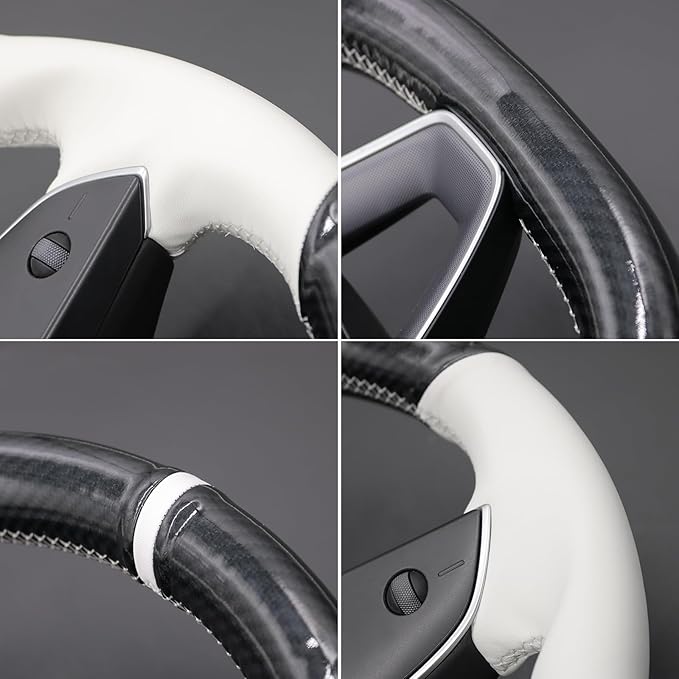 MEWANT Hand Stitched White Leather Steering Wheel Cover for Tesla Model 3 Highland 2023 2024 2025