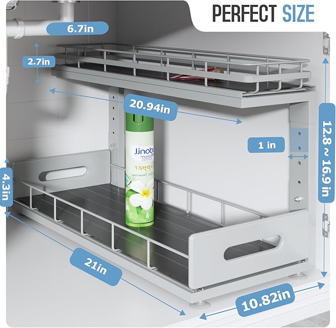 Under Sink Organizer Upgrade To Professional Rails,2-Tier Dual Pull Out Cabinet Storage,Height Adjustable Slide Out Drawers F