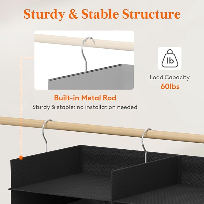 Lifewit Dual-Row Shelf Hanging Closet Organizer and Storage, Clothes Shelves with 3 Sturdy Hooks for Clothing Organization, F