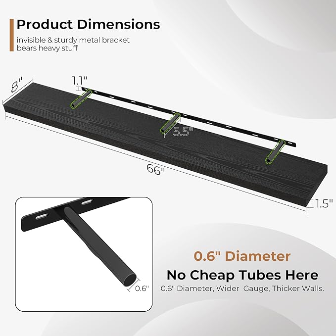 Fun Memories 66 Inch Fireplace Mantel Shelf with Invisible Bracket, 8 Inch Deep Floating Shelf for Living Room, Kitchen, Farm