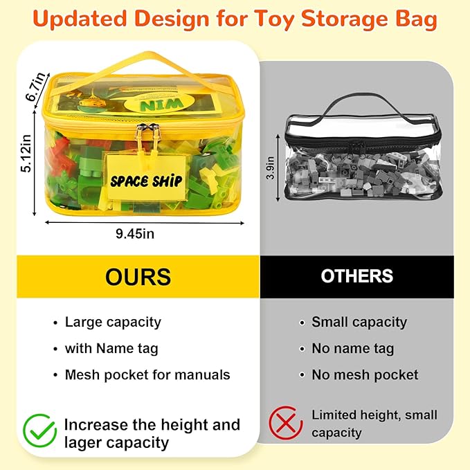 Tesuko 6 Pack Clear Toy Storage Bag with Name Tag& Manual Pocket, Waterproof Transparent PVC Toy Organizer Case for Lego Bric