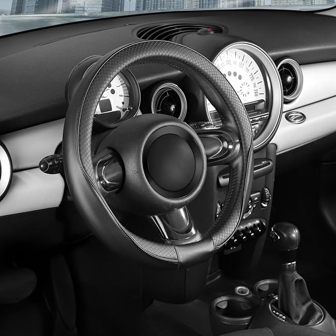 SEG Direct Steering Wheel Cover 14-14.25 inch (35.5-36 cm) Small Size, Microfiber Leather, Non-Slip Comfortable Grip, Fits Ca