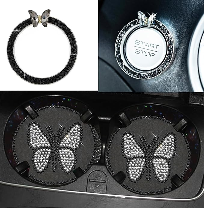 Dotesy 16 Pcs Bling Car Steering Wheel Cover Set with Crystal Seatbelt Shoulder Pads Diamond Butterfly Car Accessories for Women (Black)