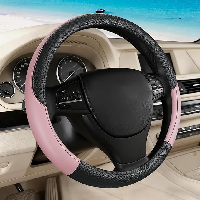 Black & Pink Car Steering Wheel Cover, Microfiber, Leather Patchwork, Universal 14.5-15 Inch Leather Anti-Slip Breathable Aut
