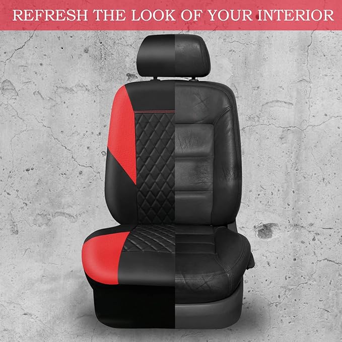 CAR PASS Red Leather Seat Covers Full Set-Universal Quilting Pretty Girly Car Seat Cover with 5mm Composite Sponge Inside,Air