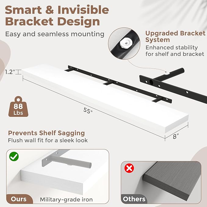 55 Inch Floating Shelves for Wall Set of 2, 8"D Wood Grain Bathroom Shelves with Invisible Brackets, Easy Install Engineered 
