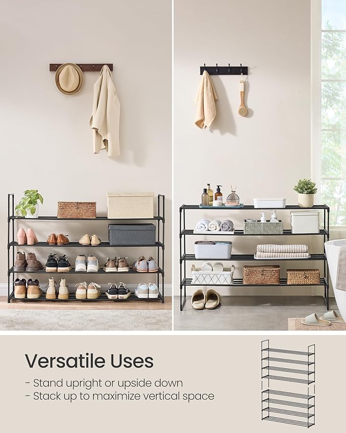 SONGMICS Shoe Rack, 4-Tier Shoe Organizer, Metal Storage Shelf, Upright or Upside Down, for 25-30 Pairs, Stackable, for Entry