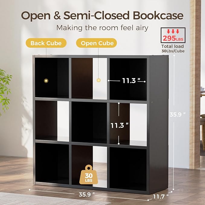 COMHOMA 9 Wood Cube Storage Organizer with Open Back and Removable Back Panels, 11In Black Cube Storage Bookshelf, Cubicle Sh