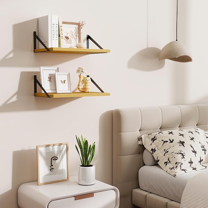 Floating Shelves for Wall,18" Wall Mounted Shelves Set of 2,Wood Floating Shelf with Bracket,Sturdy Metal Bracket Bookshelves