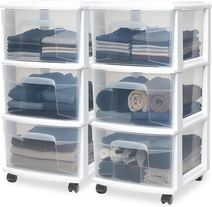 HOMZ 2-Pack Drawer Tower, 3-Tier Clear Plastic Storage Organizer Cart, White Frame - Organizing Containers with Wheels for Ho