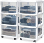 HOMZ 2-Pack Drawer Tower, 3-Tier Clear Plastic Storage Organizer Cart, White Frame - Organizing Containers with Wheels for Ho