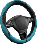 PIC AUTO Steering Wheel Cover, Black Patterned & Blue Leather Patchwork Design, Universal Fit 14.5"–15.5", Anti-Slip, Odor-Fr