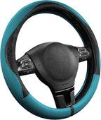 PIC AUTO Steering Wheel Cover, Black Patterned & Blue Leather Patchwork Design, Universal Fit 14.5"–15.5", Anti-Slip, Odor-Fr