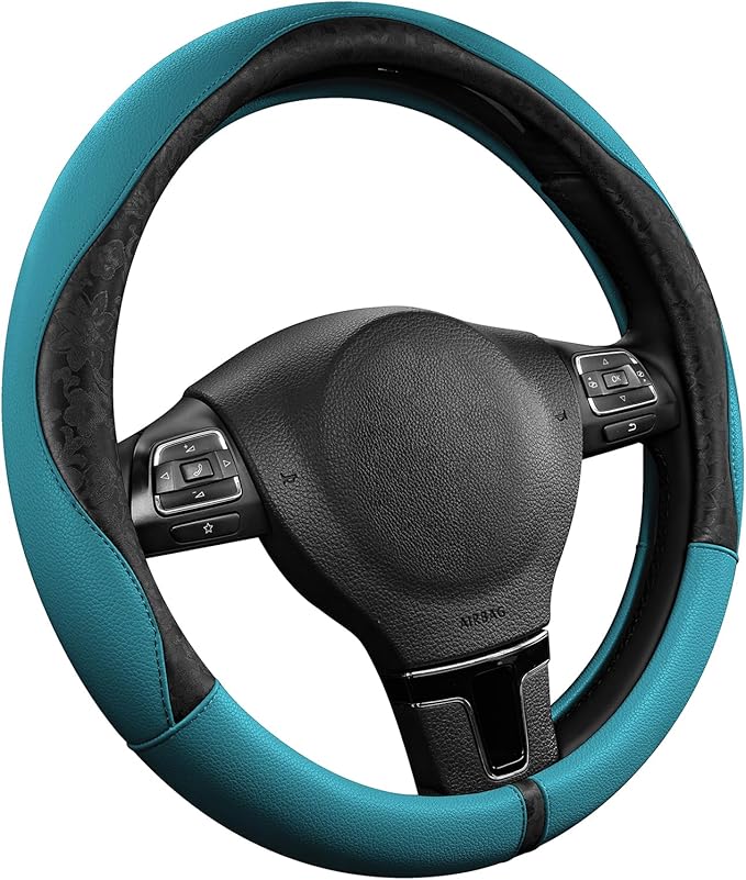 PIC AUTO Steering Wheel Cover, Black Patterned & Blue Leather Patchwork Design, Universal Fit 14.5"–15.5", Anti-Slip, Odor-Fr