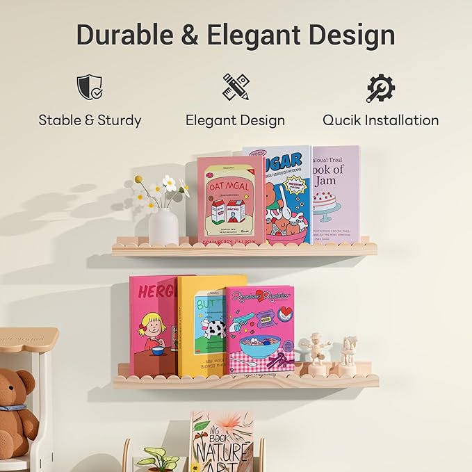 NEXHOME PRO Nursery Book Shelves, 2-Pack Solid Pine Wood Floating Shelves for Wall Kids, Wall Mounted Shelves for Bedroom/Liv