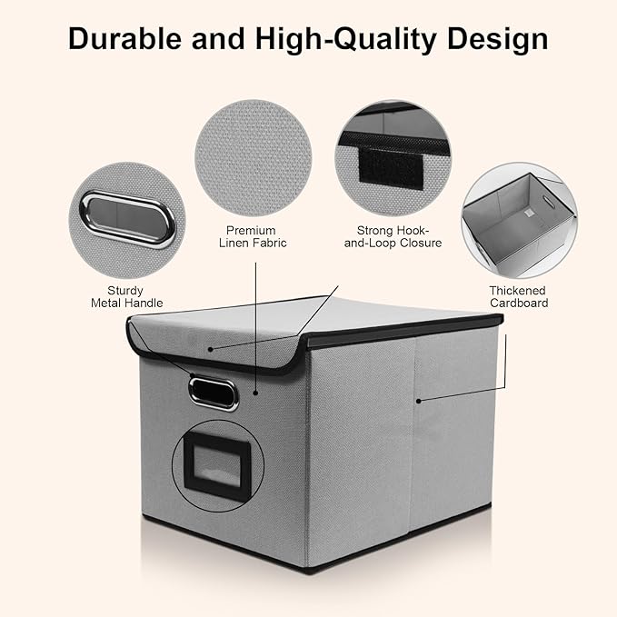 File Storage Box with Lid, 15.55x12.87x10.43 Inches, Foldable Organizer with Handles & Label Slot, for File Storage, Home, Of