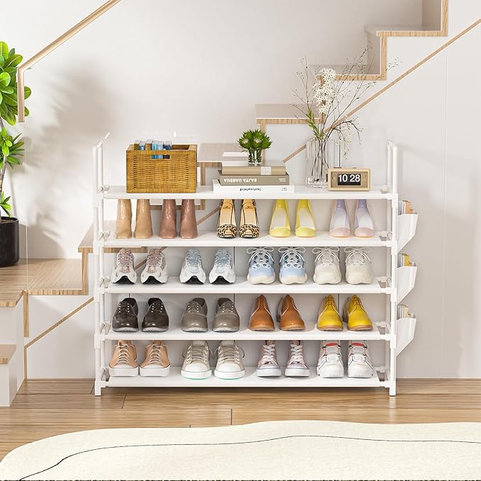 OYREL 5 Tier Shoe Organizer, 33.3in Wide x 11.2in Deep x 35.6in Tall, Black Metal and Plastic Shoe Rack with Side Bag, Holds 