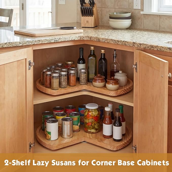 Leinuosen 2 Pcs 24in/28in Banded Pine Wood Full Kidney Shaped Lazy Susan for Corner Base Cabinets with Iron Swivel Bearing fo