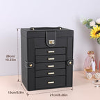 Kendal Jewelry Box, 6-Layer Jewelry Storage Organizer for Necklace Bracelet Rings Watch, 10.2"x8.2"x6" Classic Black PU Leath