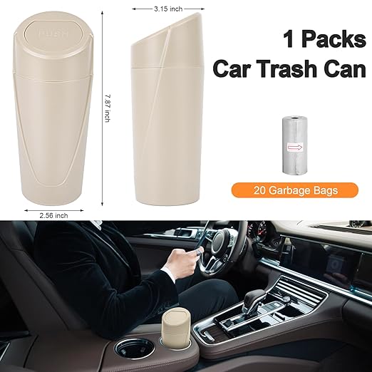 Car Trash Can, Mini Car Trash Bin with Lid, Leakproof Cup Holder Car Garbage Can with 20 Trash Bags, Vehicle Front Back Seat Organizers and Storage for Car, Home, Office, Beige
