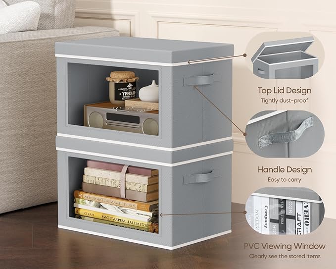 Homsorout Collapsible Storage Bins with Lids - Stackable Storage Containers with Window, 15.7 Inch Fabric Organizing Bins for