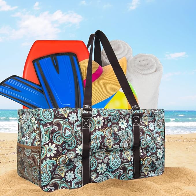 NGIL Extra Large Utility Tote Reusable Grocery Organizing Bag Oversized Collapsible for Storage, Picnic,Car, Beach (Teal Paisley-Brown)