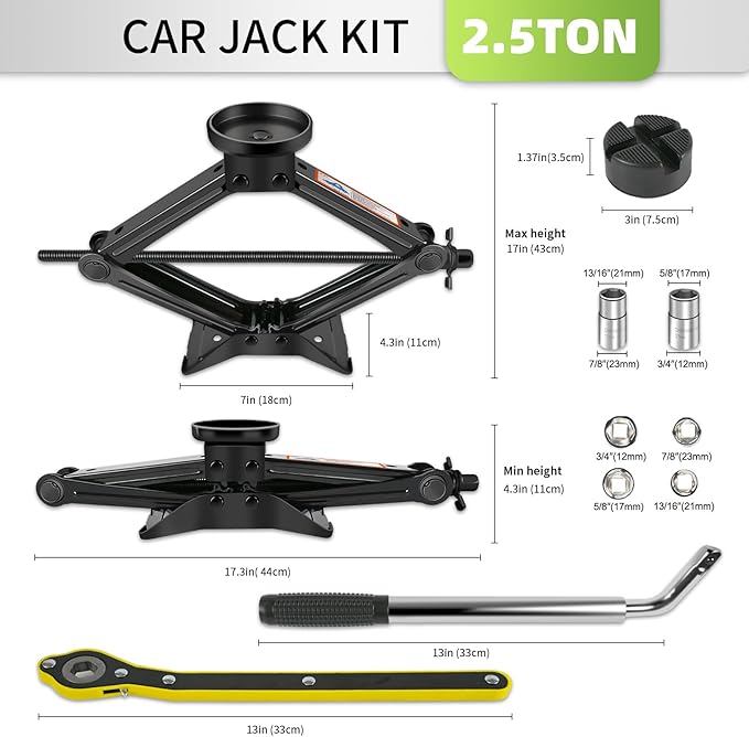 Car Jack Kit 2.5 Ton (5512 lbs) with Rubber Jack Pad,Emergency Kit Tire Changing Kit for Car SUV MPV