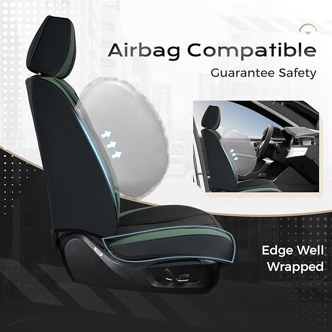 Coverado Car Seat Covers Full Set, Green Car Seat Cover, Car Leather Seat Protector with Lumbar Support, Waterproof Car Seat 