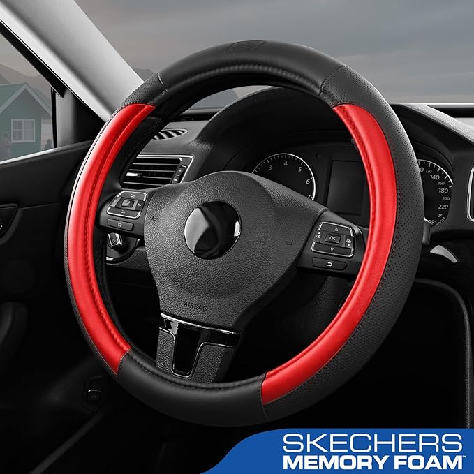 Skechers Steering Wheel Cover Memory Foam,Luxury Leather Steering Wheel Covers,Universal Anti-Slip Fit 14" 1/2-15" Car Wheel 